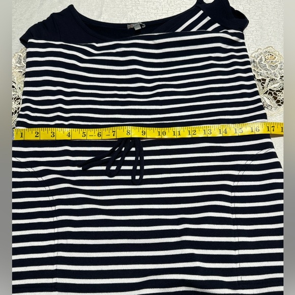 Talbots Women LP Stretchy Striped Navy Blue/White Shirt Sleeve Maxi Dress Slits - Picture 6 of 13